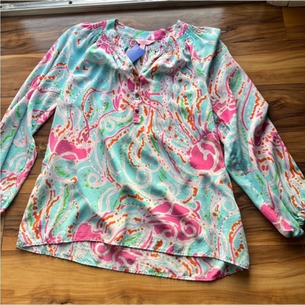 Lilly Pulitzer Elsa Jellies Be Jammijg colorful silk blouse  M